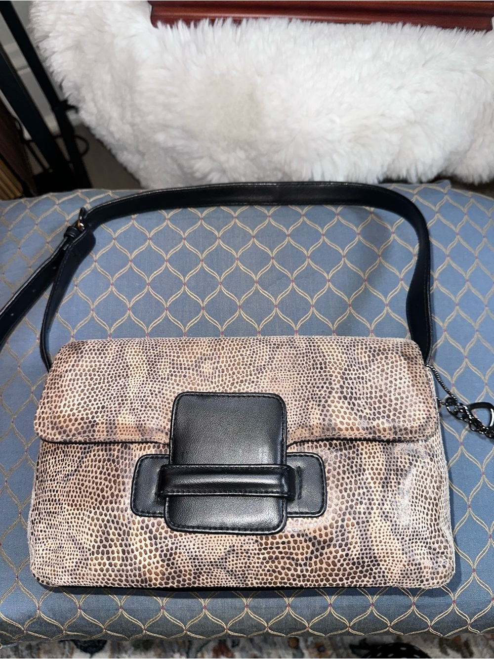 Taupe Snake-Print Shoulder Bag with Black Leather Accents